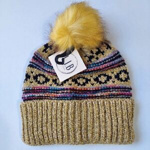L.I.B New York Hat Beanie Mustard Yellow Womens Cable Knit Warm Faux Fur Pom New